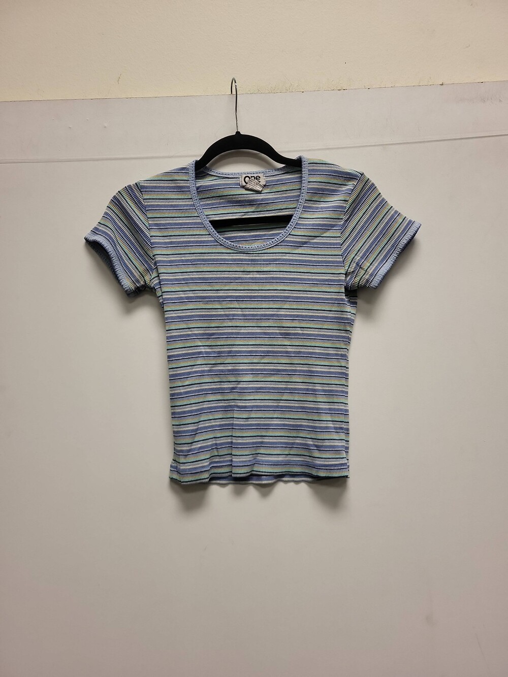 One Step Up Womens T-Shirt Size M Striped Blue Green Ribbed Knit Top Tee Shirt